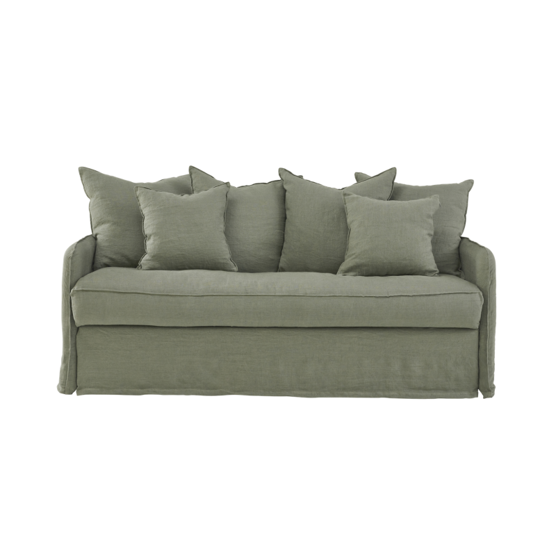 Canapé convertible Haut de gamme AUGUSTE 3 places lin vert sauge, position canapé, vue de face